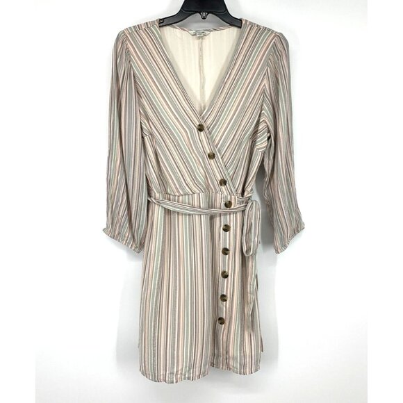 American Eagle Dress Stripe V Neck Wrap Button Down Tie Waist - Picture 1 of 11